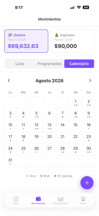 Calendario de gastos en duogastos